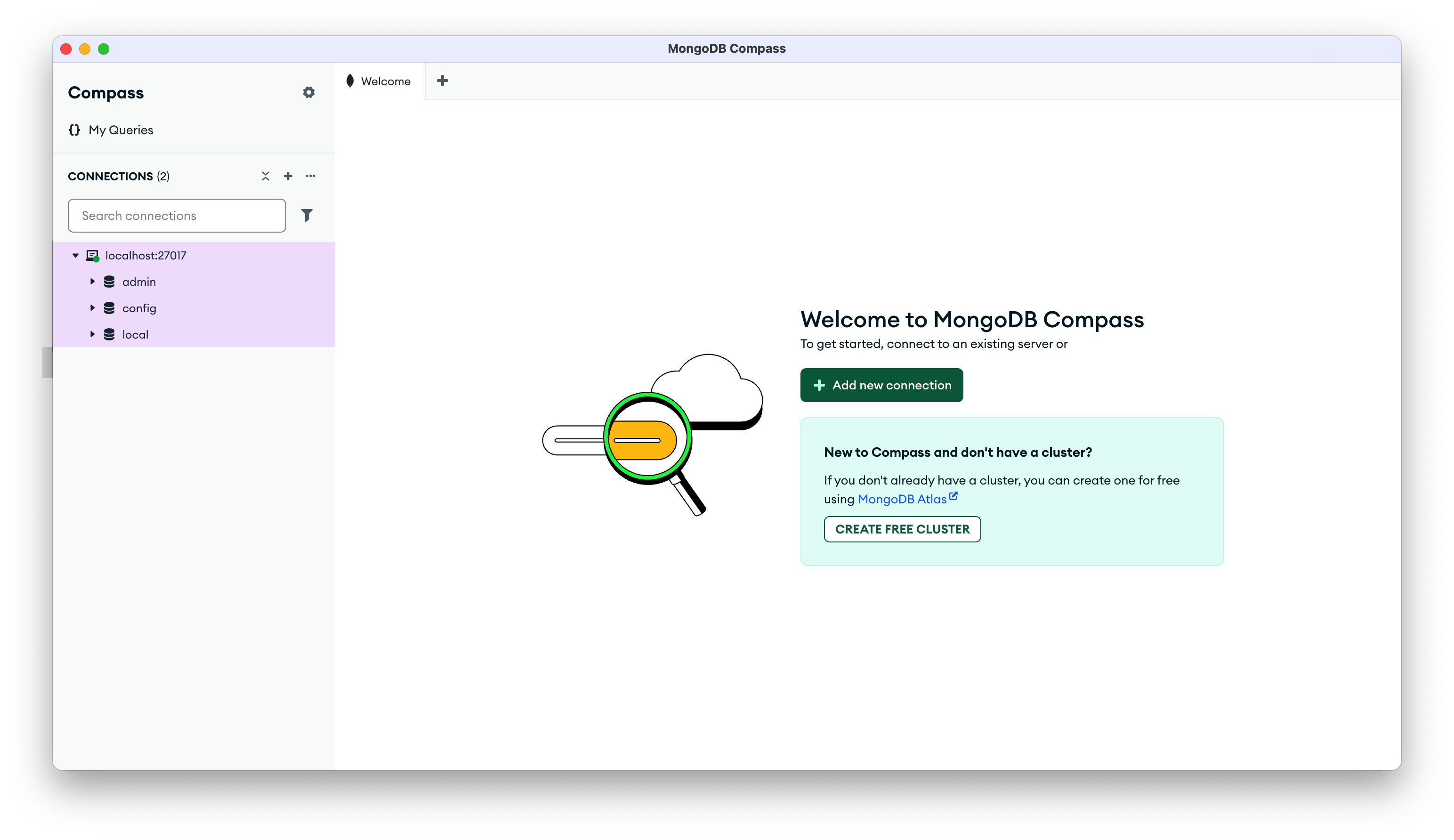 The Compass window after connecting. In the left sidebar, localhost:27017 is
expanded to show three databases: admin, config and local.