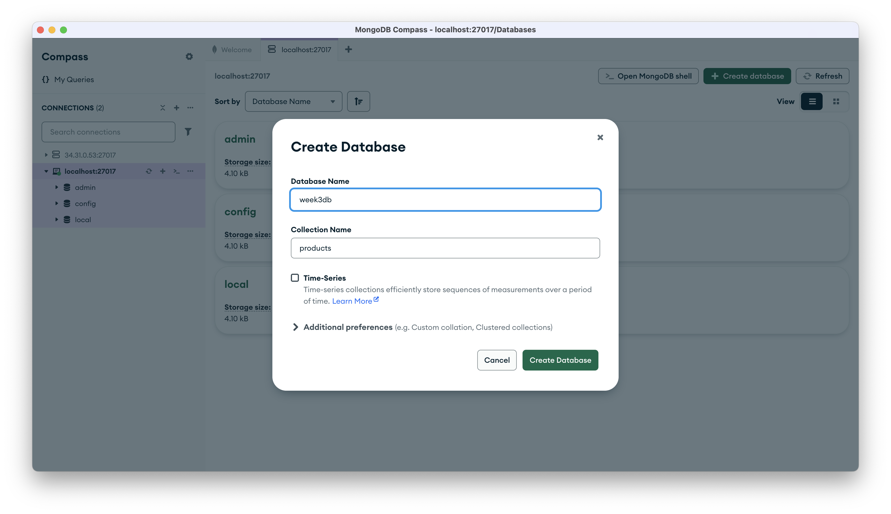 MongoDB Compass connected to localhost:27017 with the Create Database dialog open. Database Name is week3db and Collection Name is products.