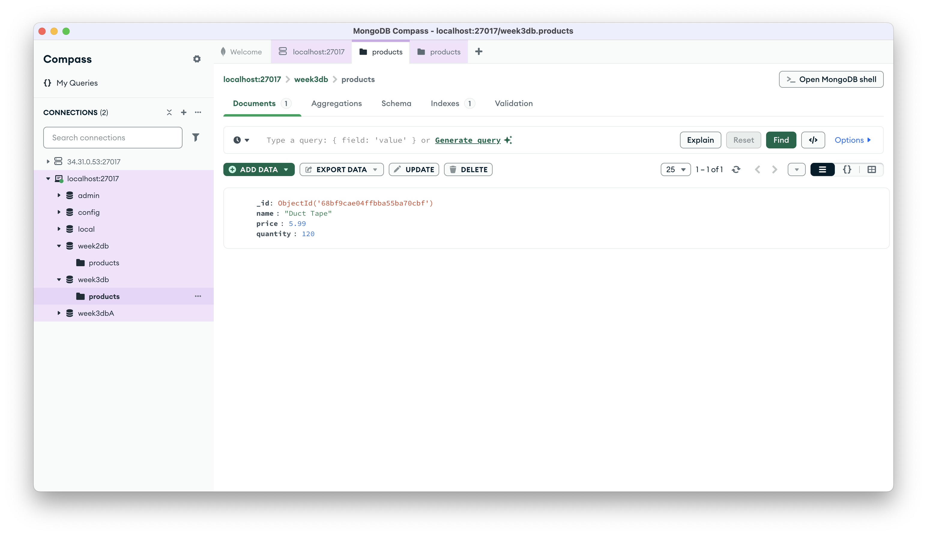 MongoDB Compass showing the products collection in week3db, holding one document: Duct Tape, price 5.99, quantity 120, with its ObjectId.