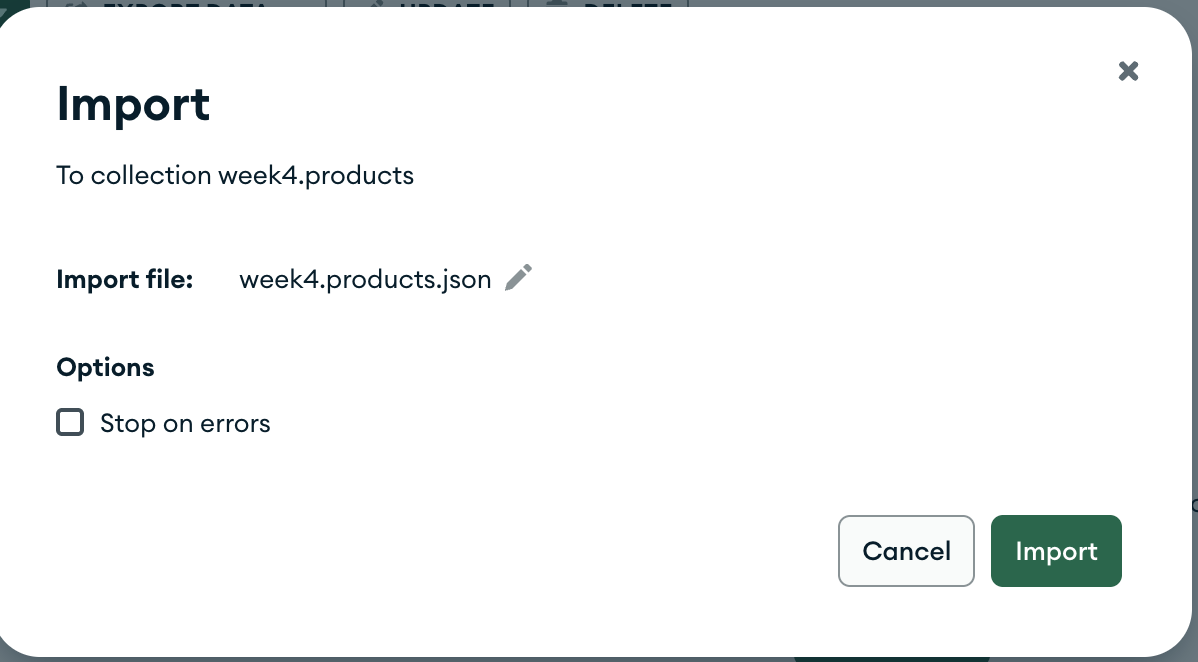 The Compass Import dialog for collection week4.products, with the import file set to a products json file.