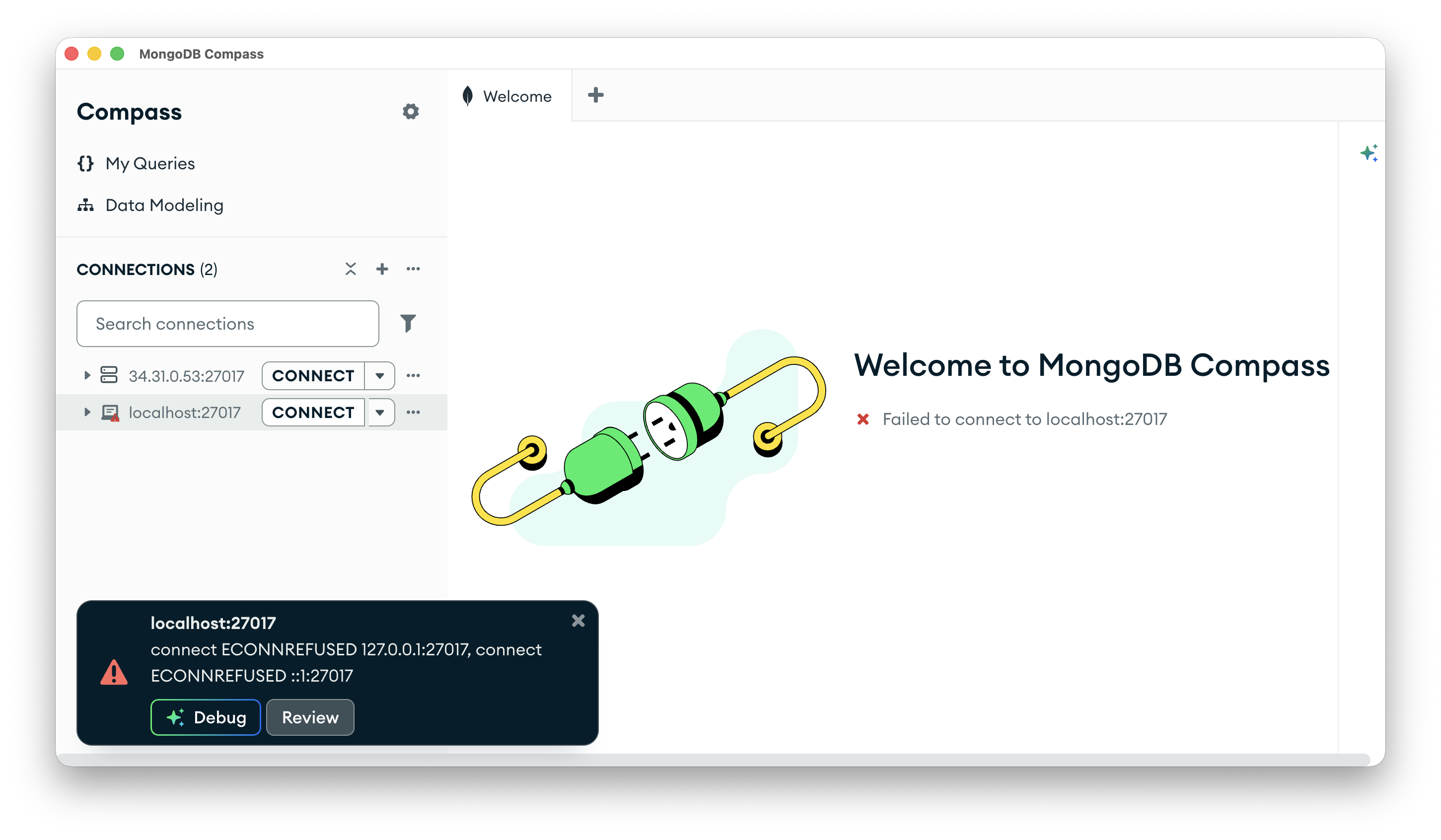 MongoDB Compass with "Failed to connect to localhost:27017" and a toast reading connect ECONNREFUSED 127.0.0.1:27017.