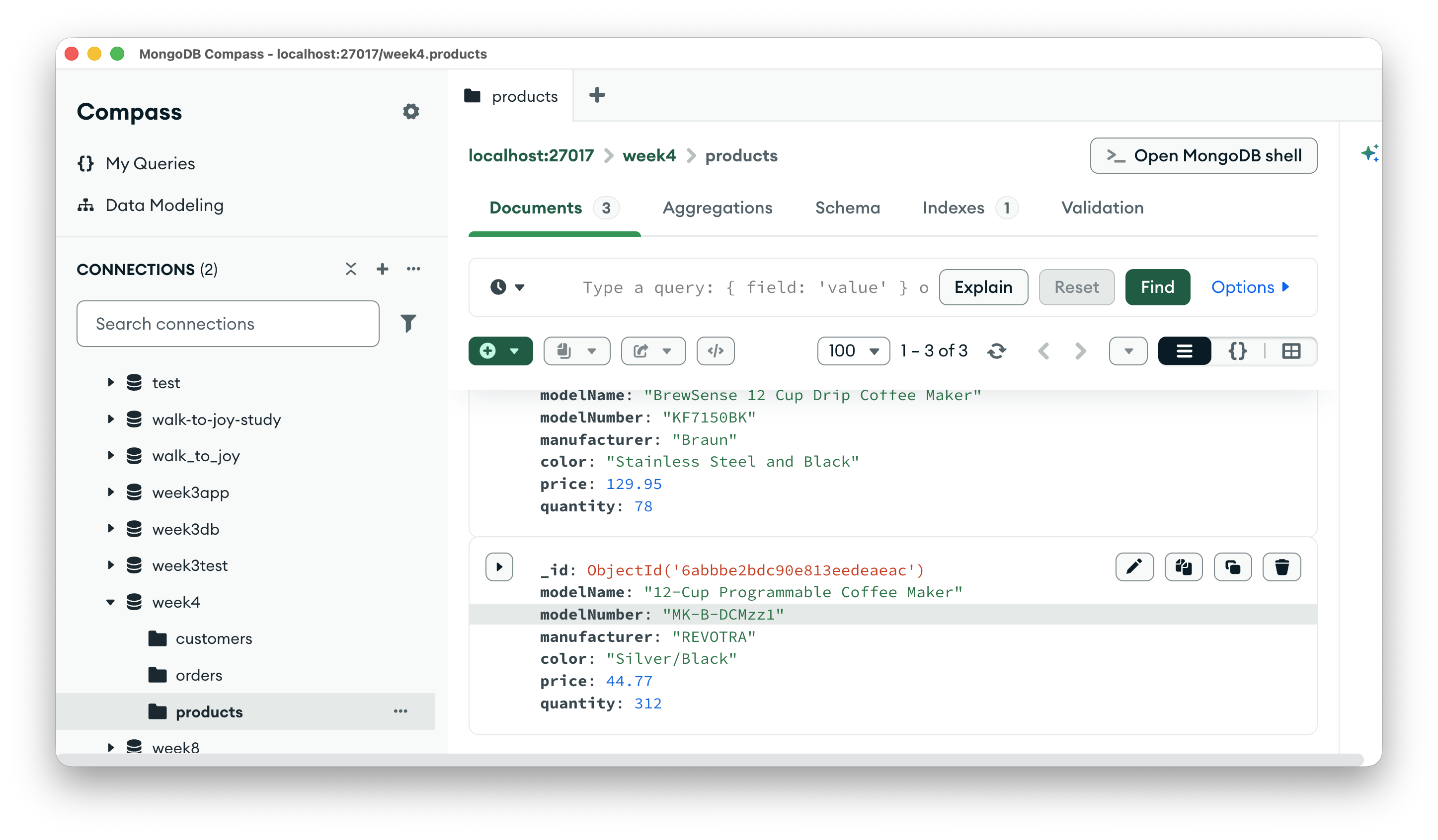 MongoDB Compass connected to localhost:27017, showing week4.products with 3 documents. The last one is the REVOTRA that was just posted, and its _id reads ObjectId('6abbbe2bdc90e813eedeaeac') — the same id the route returned, there as a plain string.