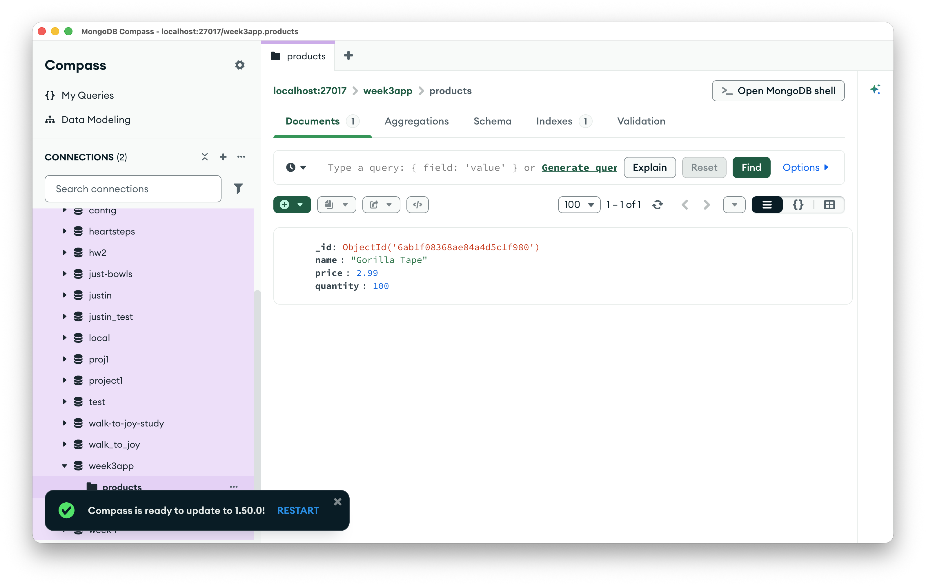MongoDB Compass showing the products collection in the week3app database, holding one document: Gorilla Tape, price 2.99, quantity 100.