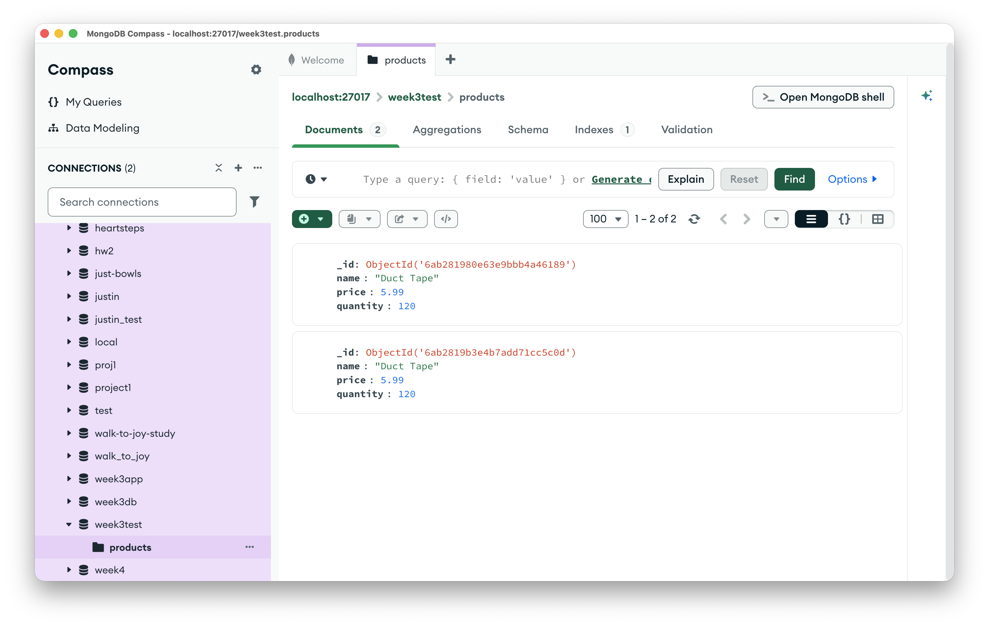 MongoDB Compass showing the products collection in the week3test database, holding two identical Duct Tape documents, price 5.99, quantity 120, one from each test run.