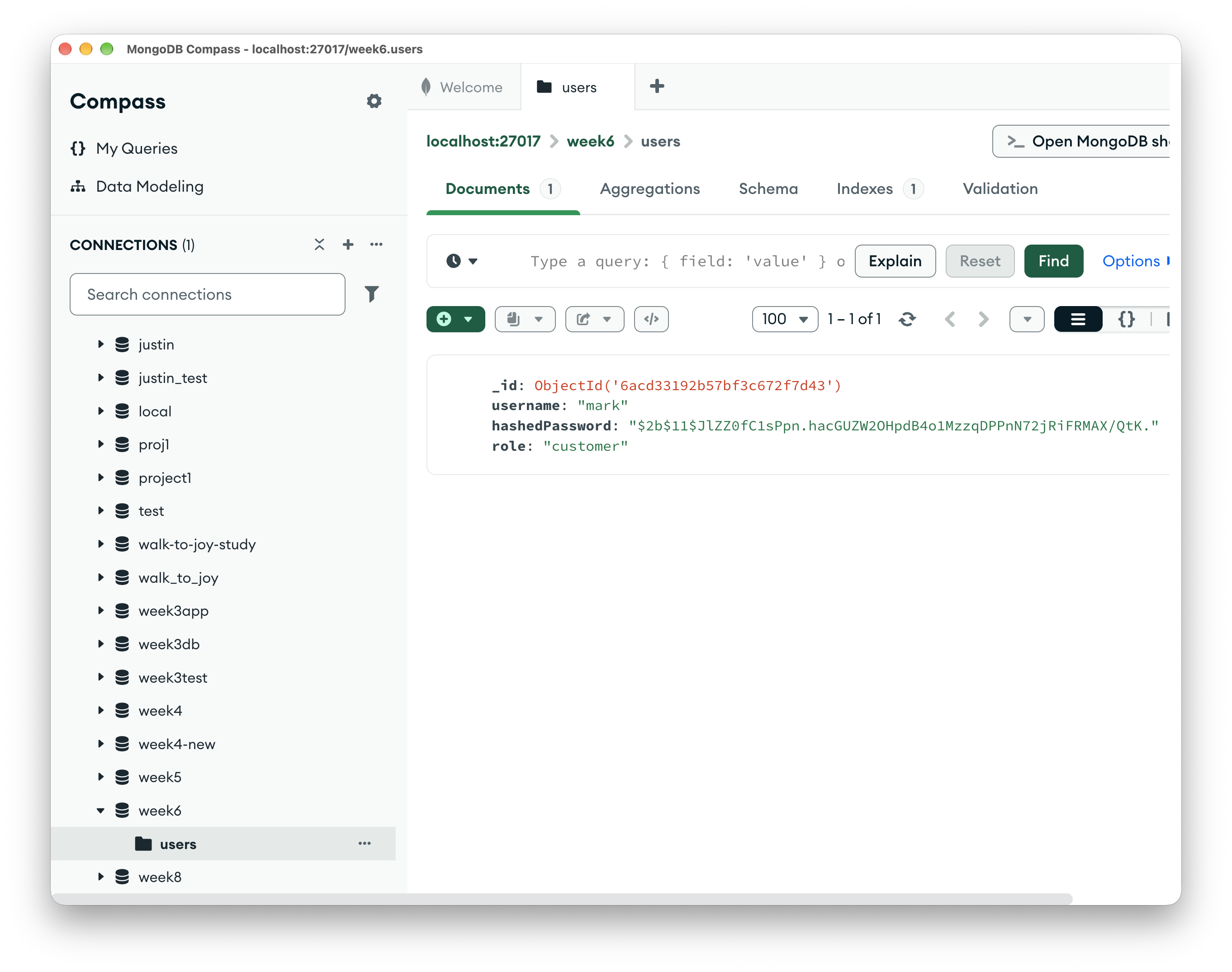 MongoDB Compass, week6 database, users collection: one document with an _id, username "mark", a hashedPassword beginning $2b$11$, and role "customer"