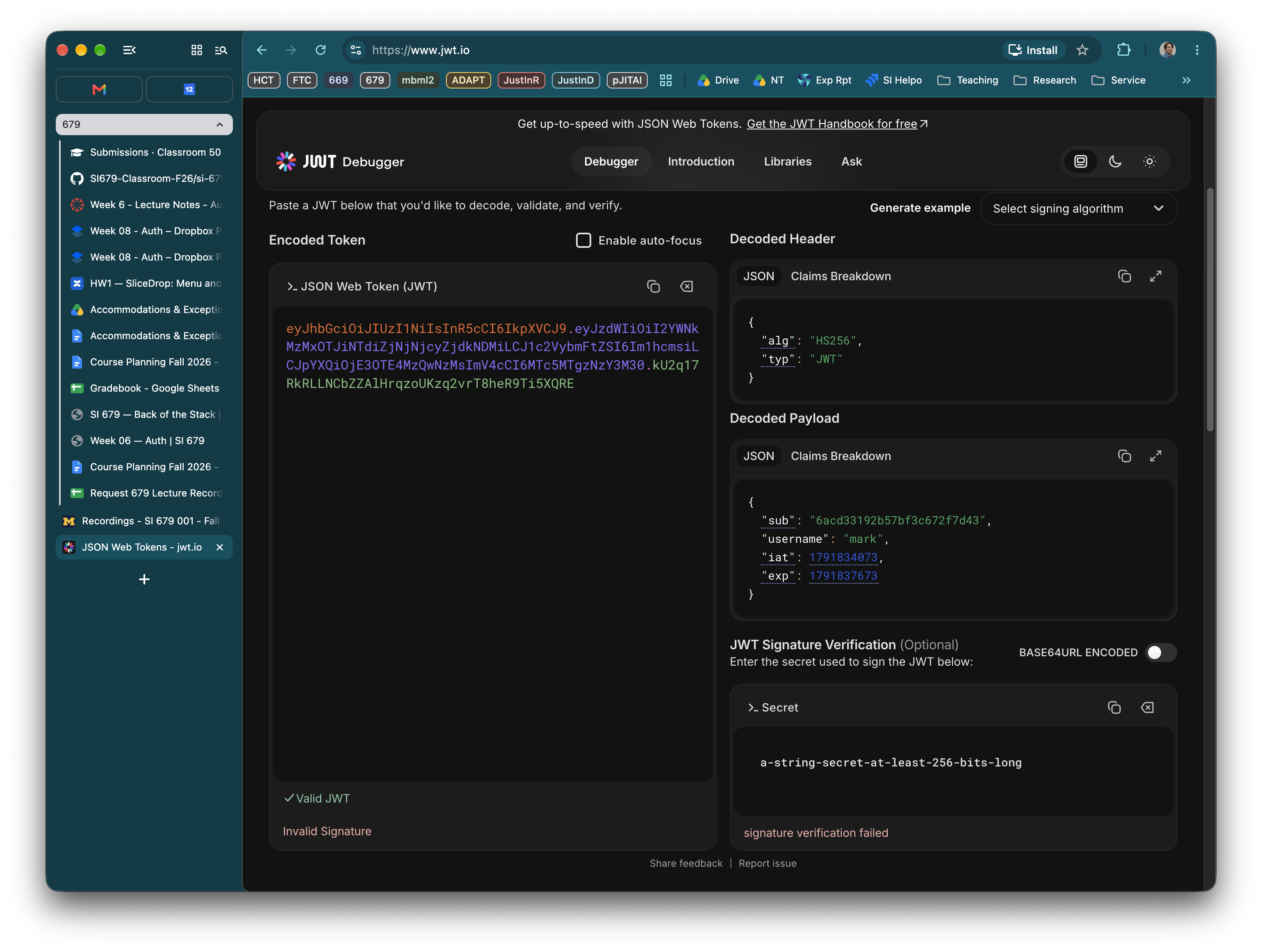 The jwt.io debugger with the login token pasted in: the decoded header shows alg HS256 and typ JWT, the decoded payload shows sub, username "mark", iat and exp, and with jwt.io's default secret the signature check says "signature verification failed"