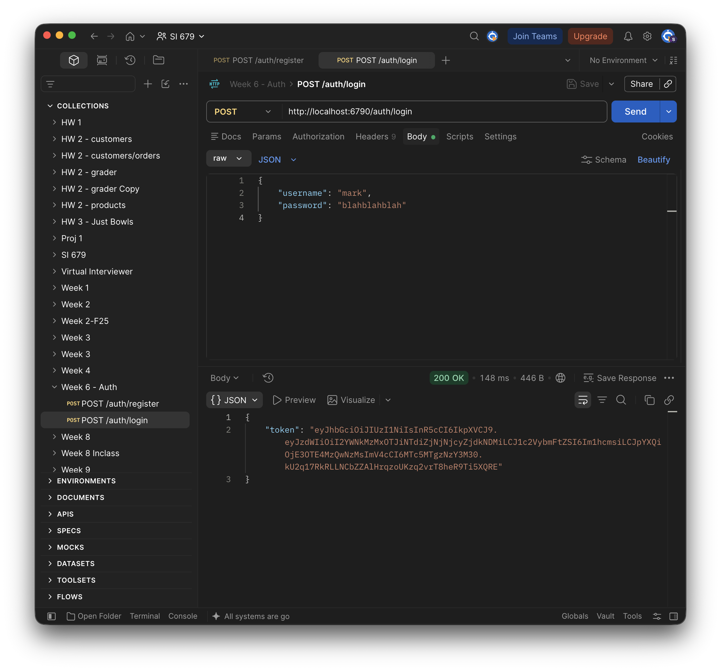 Postman: POST /auth/login with username "mark" and password "blahblahblah" returns 200 OK with a JSON body holding a token — one long string in three parts separated by dots
