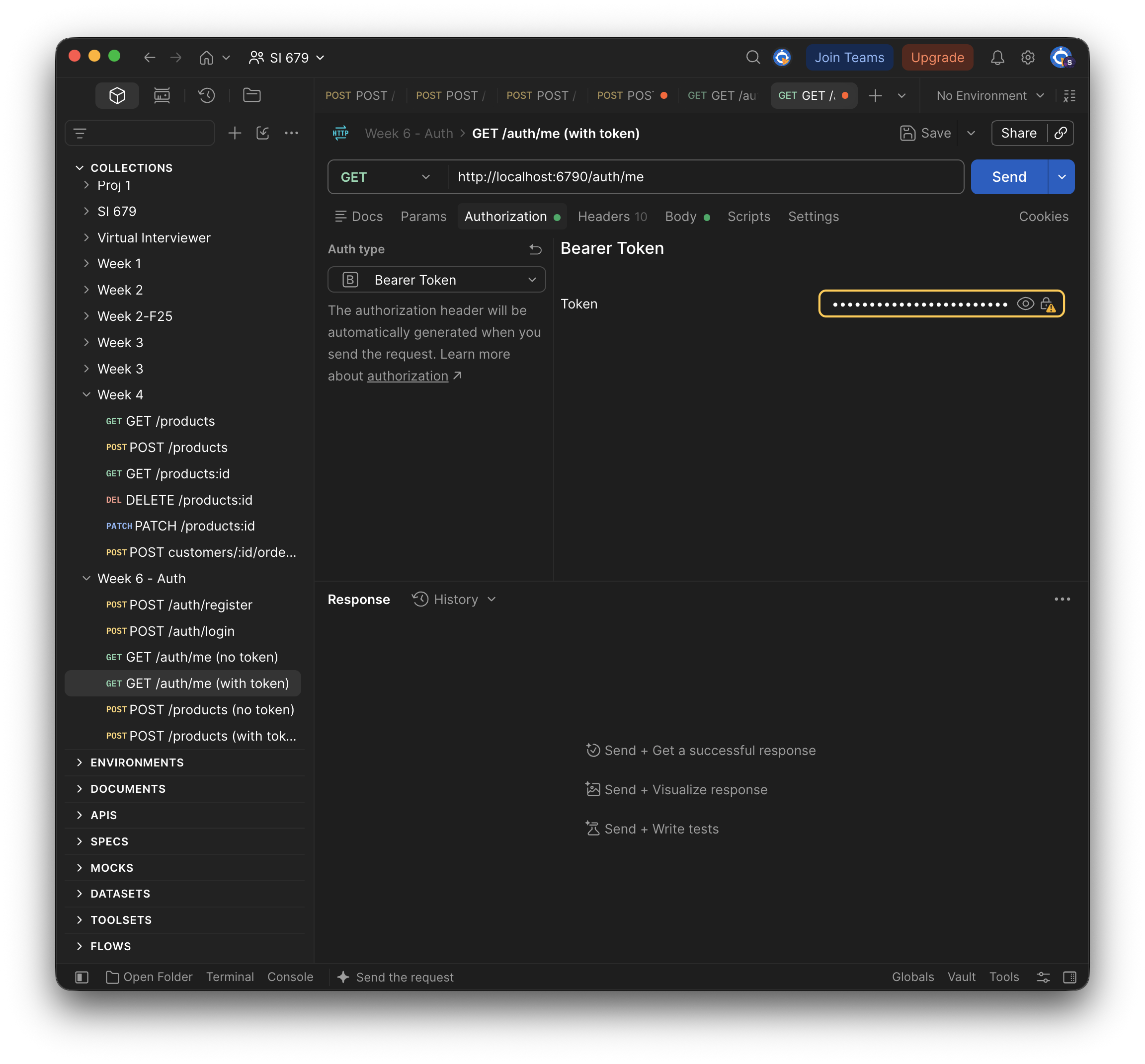 Postman: the Authorization tab of GET /auth/me (with token), Auth type set to Bearer Token, with the token pasted into the Token field