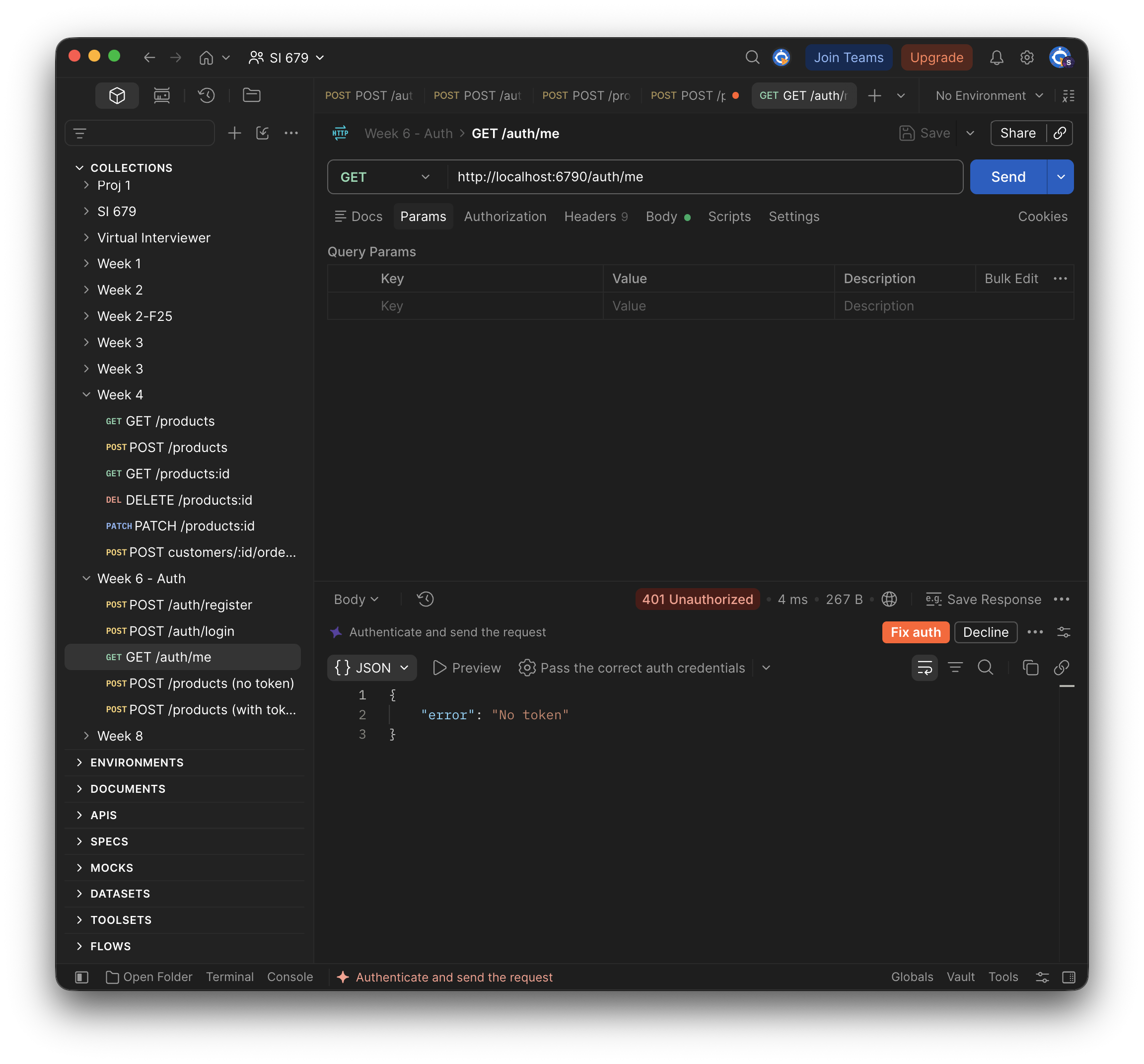 Postman: GET /auth/me sent with no token returns 401 Unauthorized with {"error": "No token"}