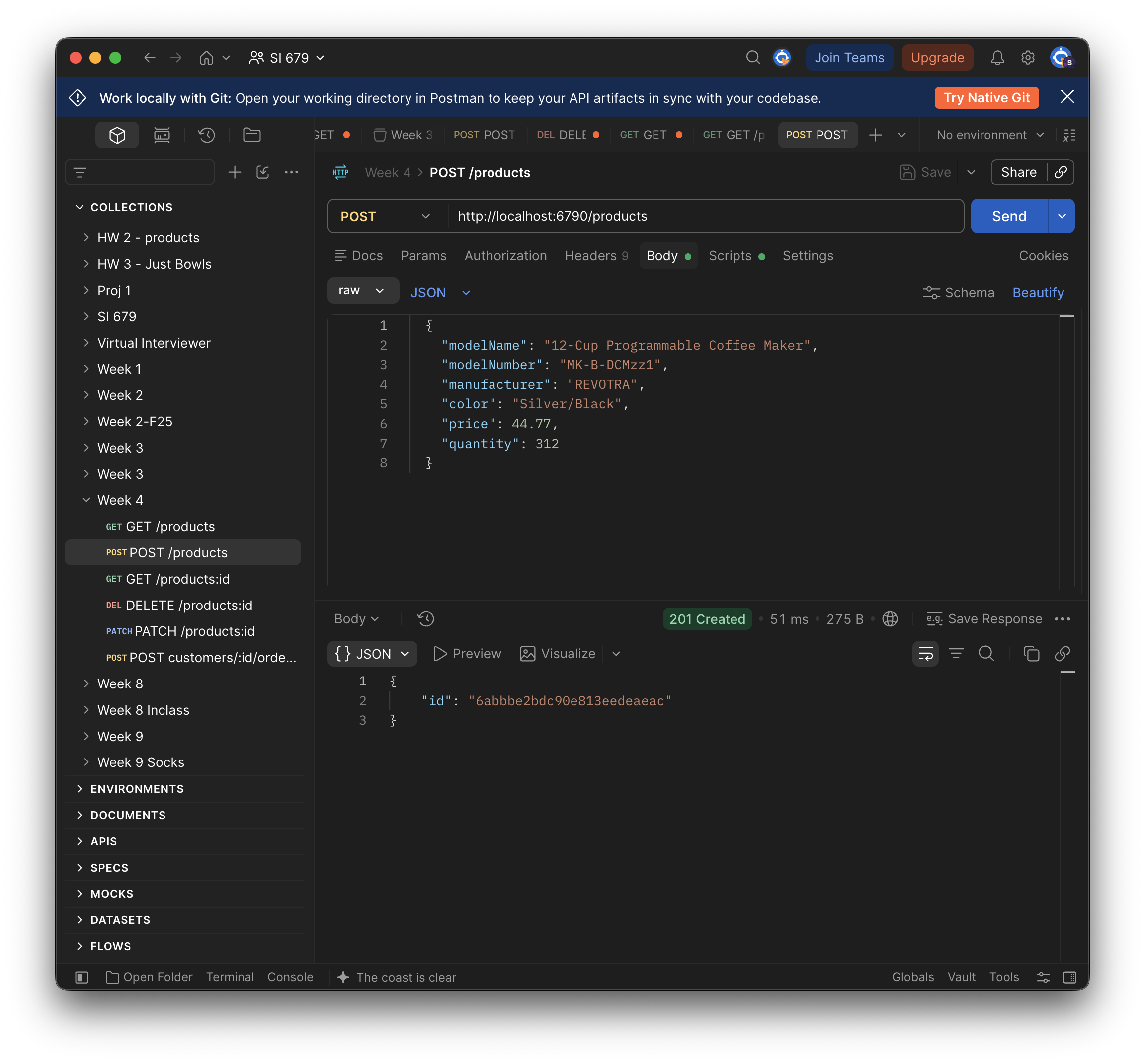 Postman with a POST request to http://localhost:6790/products. The Body tab is set to raw and JSON — the two dropdowns that matter — with the REVOTRA coffee maker as the request body. The response is 201 Created and a body containing nothing but an id, 6abbbe2bdc90e813eedeaeac.