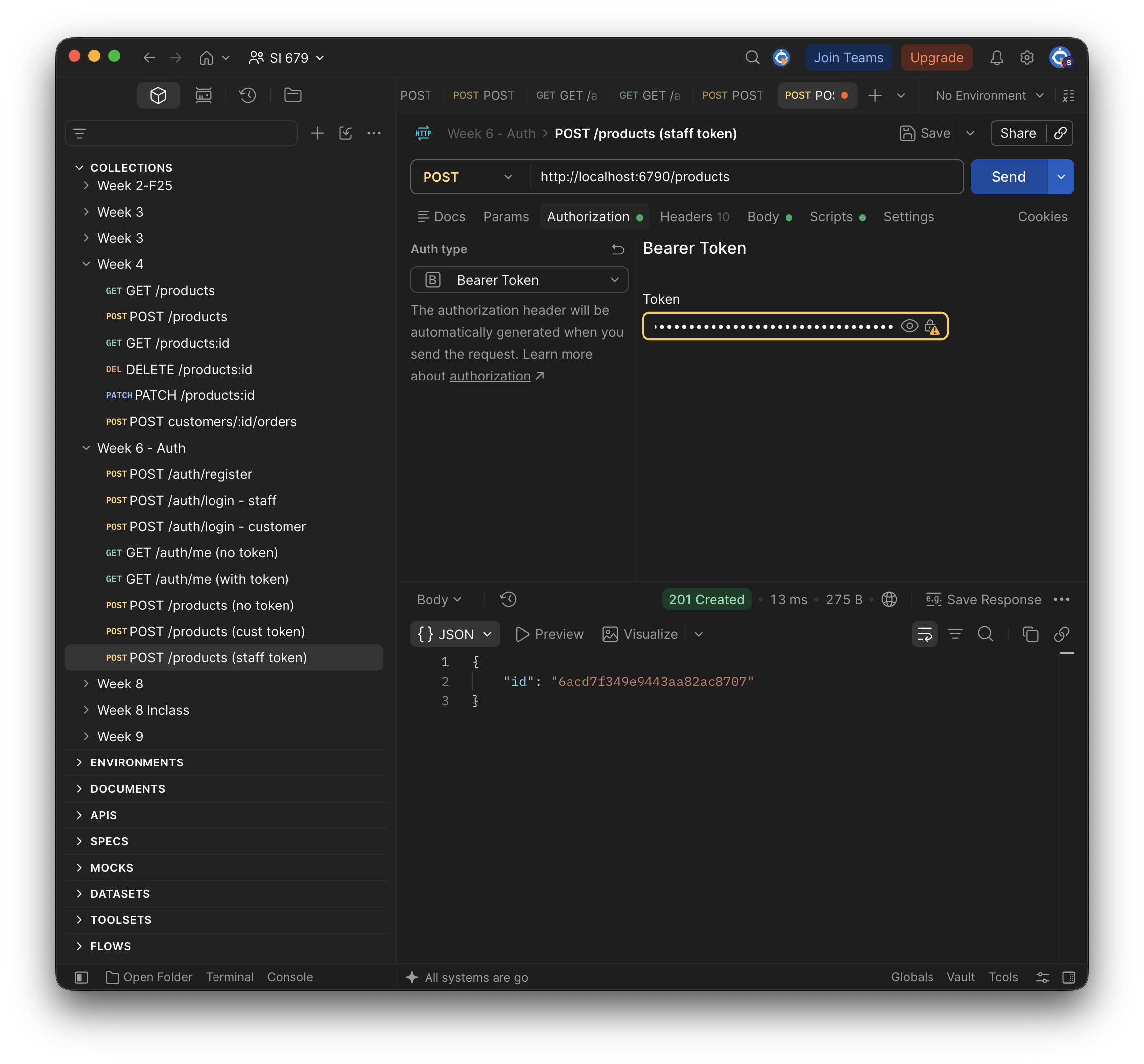 Postman: POST /products with the staff token returns 201 Created with the new product's id
