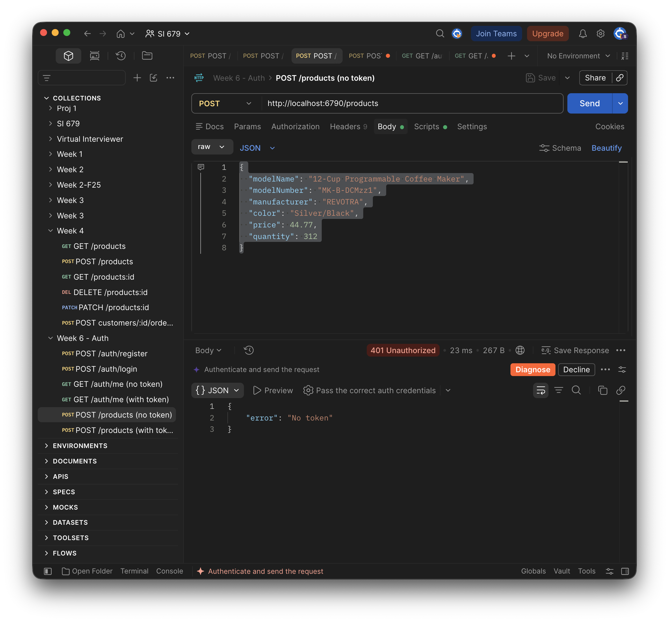 Postman: POST /products with the REVOTRA coffee maker JSON and no token returns 401 Unauthorized with {"error": "No token"}