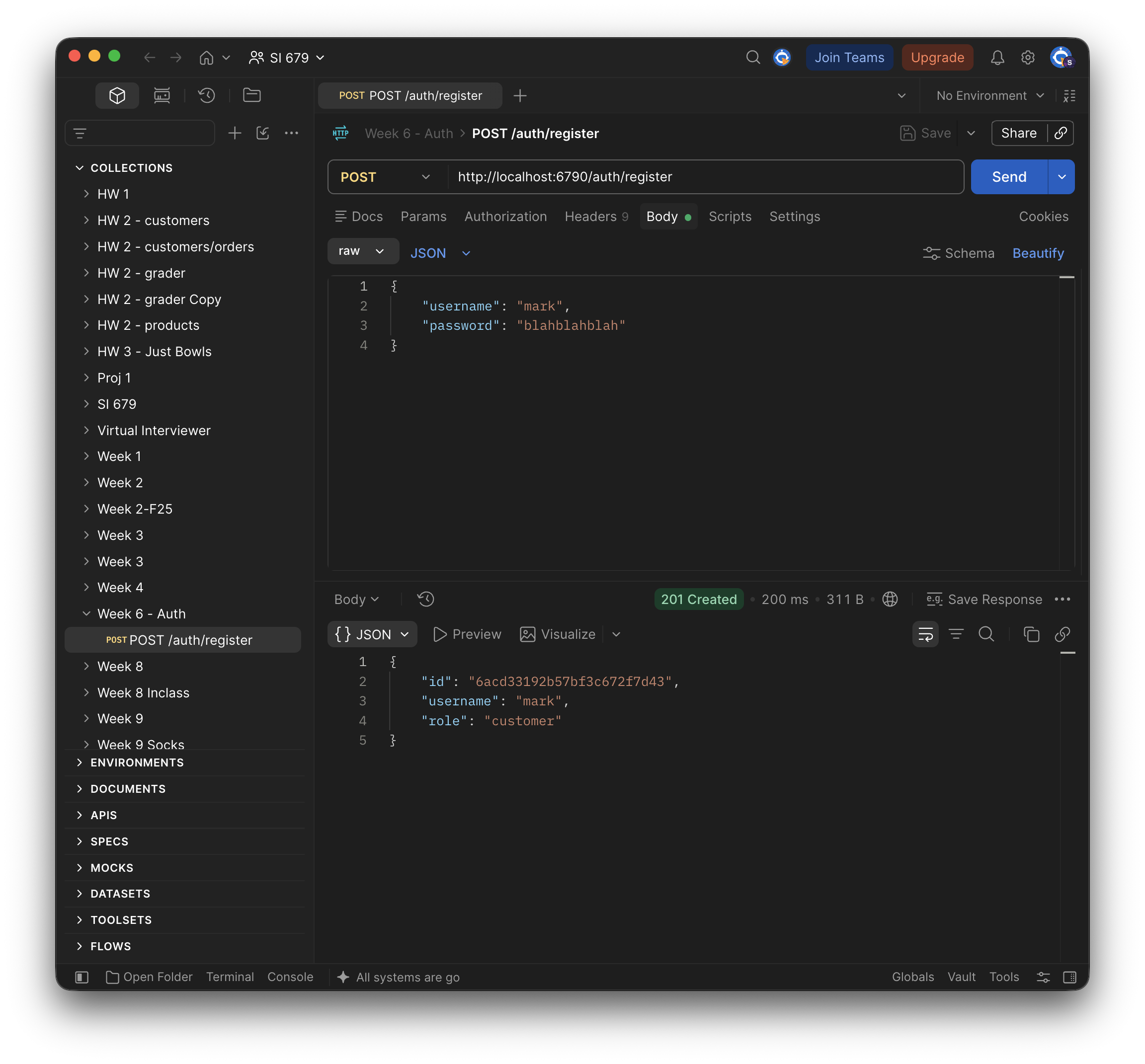 Postman: POST /auth/register with a raw JSON body of username "mark" and password "blahblahblah" returns 201 Created, with the new user's id, username and role "customer" — and no password